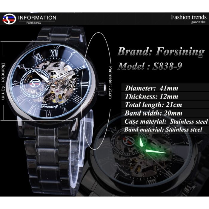 Forsining 3D Hohlgravur Vollschwarze Uhr Leuchtzeiger Herren Mechanische Uhren Top-Marke Luxus Schwarz Edelstahl – Bild 3