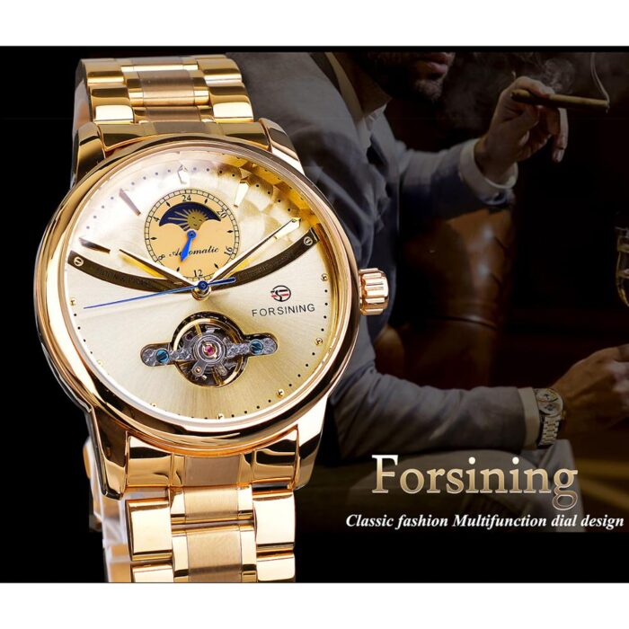 Forsining Automatik Herrenuhr Klassische Goldene Herrenuhr Mondphase Mechanische Edelstahlband Armbanduhr – Bild 3