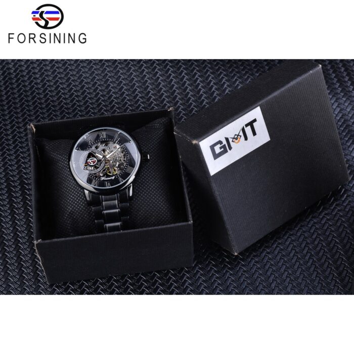 Forsining 3D Hohlgravur Vollschwarze Uhr Leuchtzeiger Herren Mechanische Uhren Top-Marke Luxus Schwarz Edelstahl – Bild 6