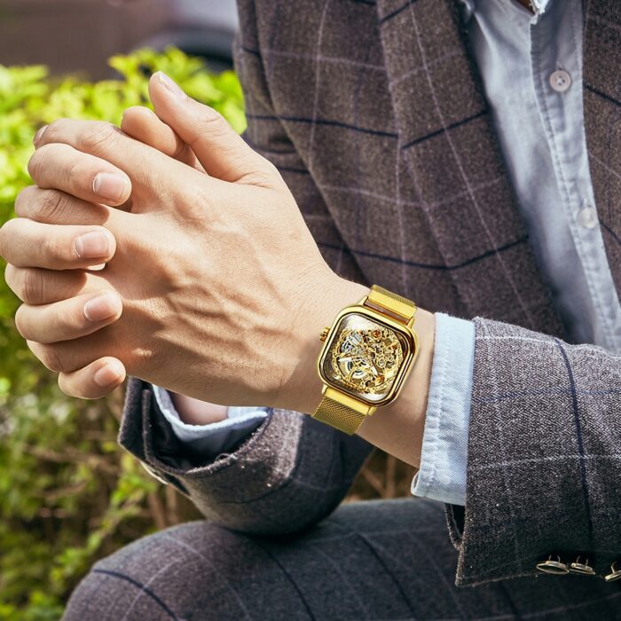 Armbanduhr Uhren Herren Automatische Mechanische Uhr Gold Transparent Mesh Stahl Skelett – Bild 6