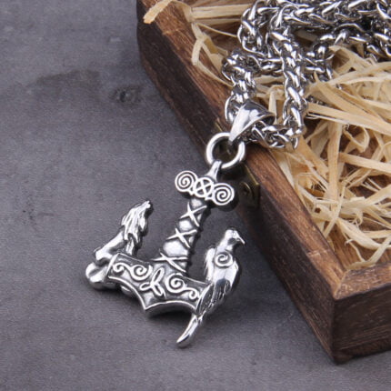 Raven and wolf on Viking Thor's hammer Stainless Steel Necklace with Wooden Box