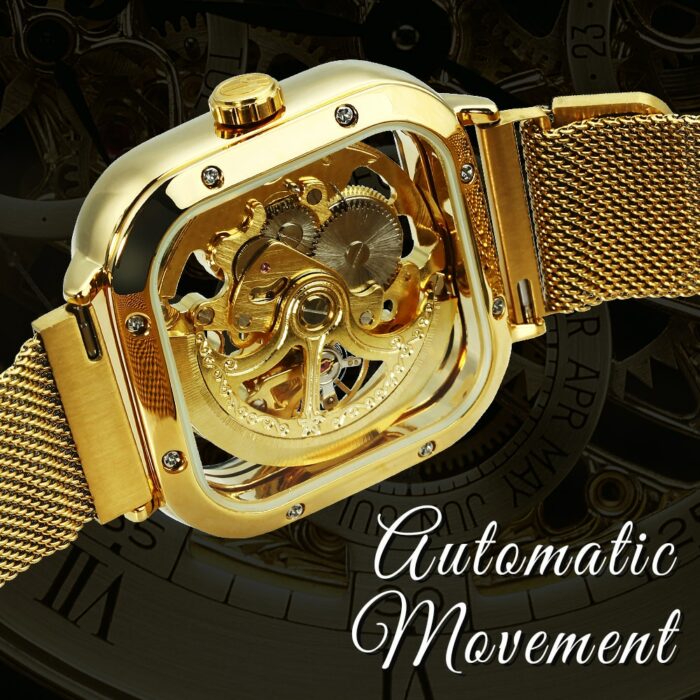 Armbanduhr Uhren Herren Automatische Mechanische Uhr Gold Transparent Mesh Stahl Skelett – Bild 5