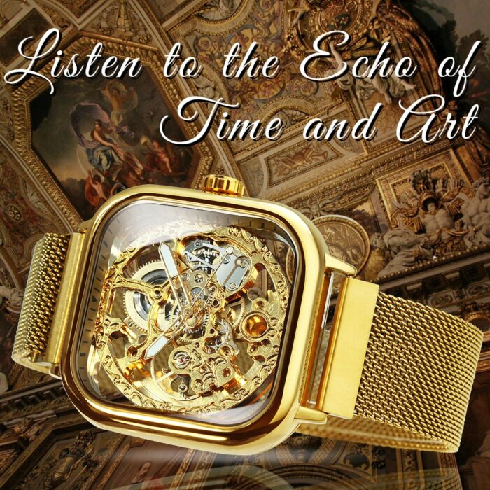 Armbanduhr Uhren Herren Automatische Mechanische Uhr Gold Transparent Mesh Stahl Skelett – Bild 2