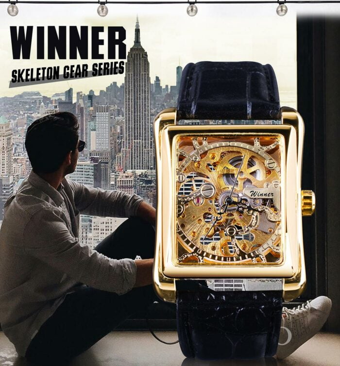Gewinner Retro Casual Serie Rechteck Zifferblatt Design Goldene Muster Hohl Skeleton Uhr Männer Uhr Marke Luxus Mechanische – Bild 2