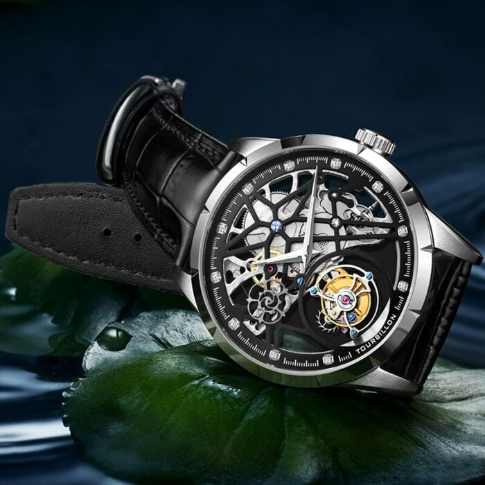 Präzise Zeitmessung und stilvolles Design: Tourbillon Mechanikuhr mit Edelstein Indizes und transparentem Skelett Design – Bild 4