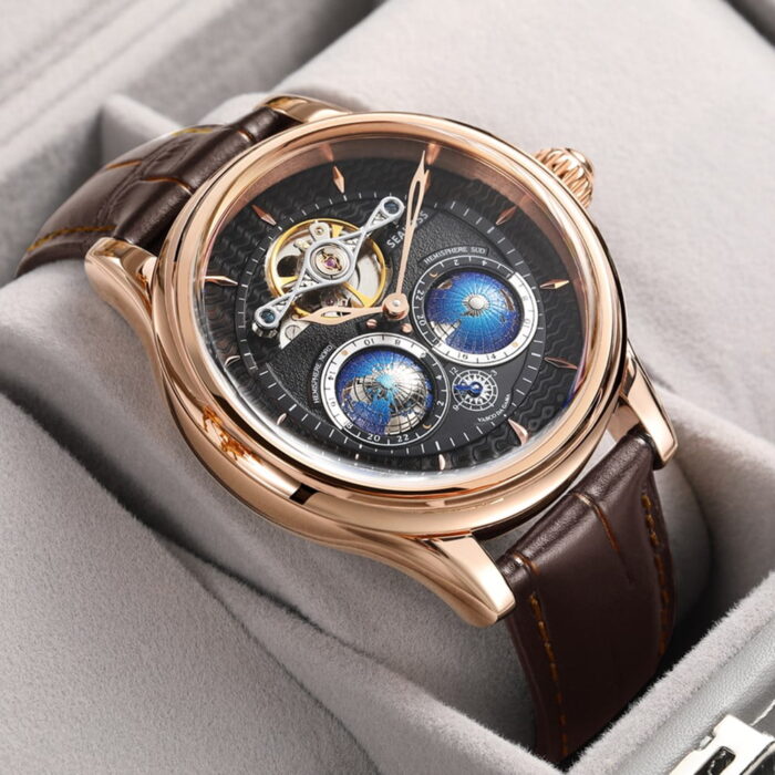 Stilvoller Doppel-Globus-Automatik-Mechanik-Uhrmacher mit Erde Flywheel-Gerät für Herren – Bild 4