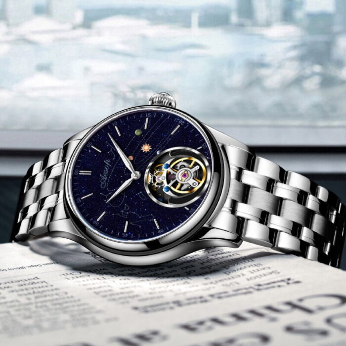 Stilvolle mechanische Uhr mit 5 Bar Wasserfestigkeit und Lederarmband – Bild 5