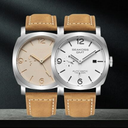 Leuchtende GMT Taucheruhr: 100m Wasserdicht, Seagull Automatik, Safirglas, Lederband, Kalender