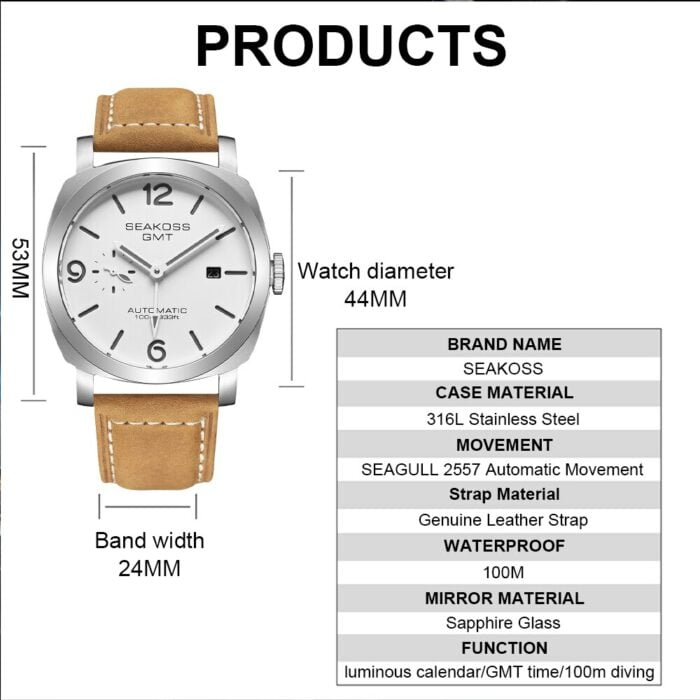 Leuchtende GMT Taucheruhr: 100m Wasserdicht, Seagull Automatik, Safirglas, Lederband, Kalender – Bild 3
