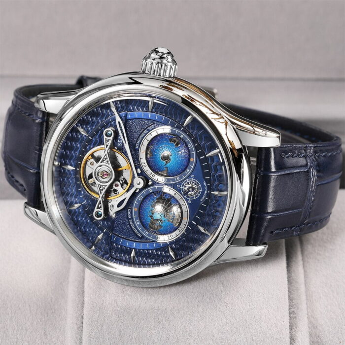 Stilvoller Doppel-Globus-Automatik-Mechanik-Uhrmacher mit Erde Flywheel-Gerät für Herren – Bild 5