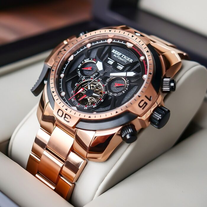 Reef Tiger RT Sport Herrenuhr: Perpetueller Kalender & Kompliziertes Zifferblatt - Roségold & Schwarzes Armband – Bild 4