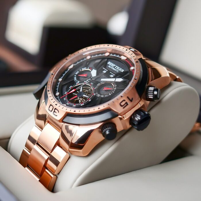 Reef Tiger RT Sport Herrenuhr: Perpetueller Kalender & Kompliziertes Zifferblatt - Roségold & Schwarzes Armband – Bild 3