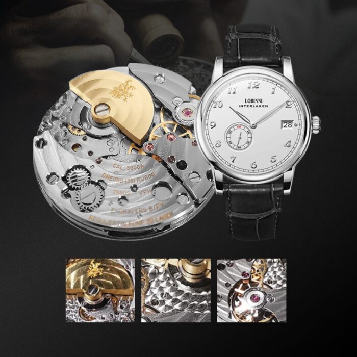 Lobinni Herrenuhr mit Automatikwerk, Datum Anzeige, separater Sekundenanzeige und Leder Band – Bild 5