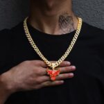 hip-hop trendy personality pendant fashion retro micro-inlaid zircon bull head pendant necklace with 10MM Cuban chain