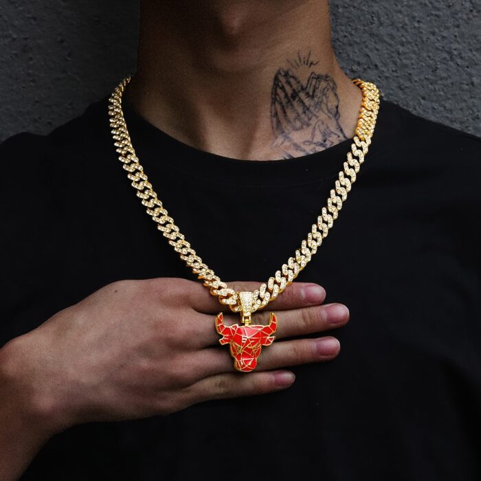 170486703-1.jpg hip-hop trendy personality pendant fashion retro micro-inlaid zircon bull head pendant necklace with 10MM Cuban chain – Bild 1