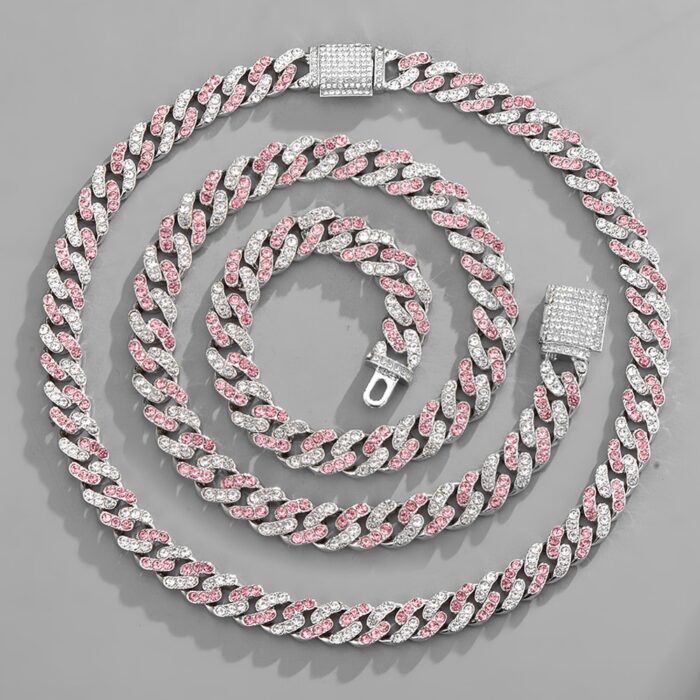 1933630078-1.jpg Iced Chain Pink Rhinestones Cuban Link Necklace Women 11MM Hip Hop Miami Curb Cuban Chain Rapper Necklaces Jewelry Gift – Bild 1
