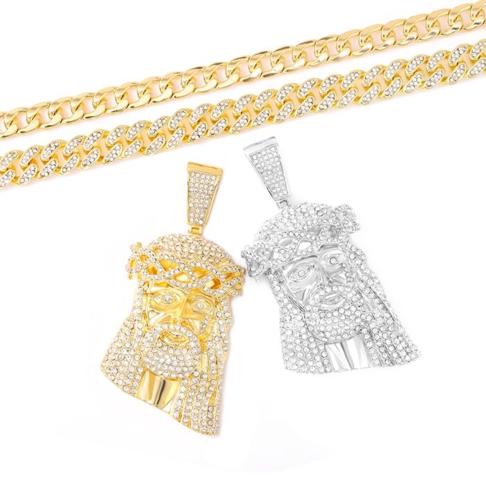 Fashion Hip Hop Jesus Pendant Necklace Men Ice Out Paved Full Shining Crystal Jesus Head Face Gold 13mm Cuban Necklace Jewelry – Bild 6