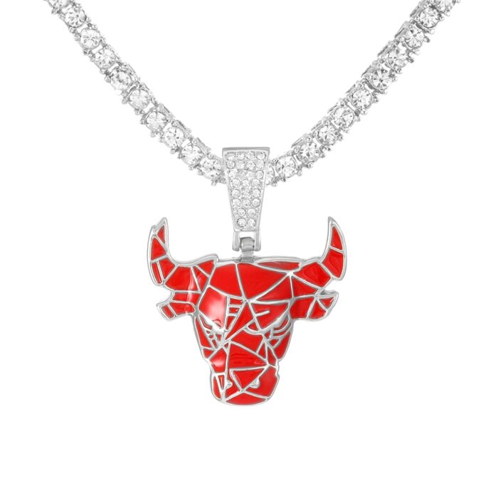 hip-hop trendy personality pendant fashion retro micro-inlaid zircon bull head pendant necklace with 10MM Cuban chain – Bild 5