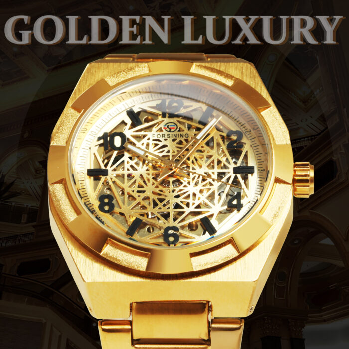 Herren Gold Skelett Automatikuhr Edelstahlarmband | Luxusmarke | Leuchtend – Bild 2