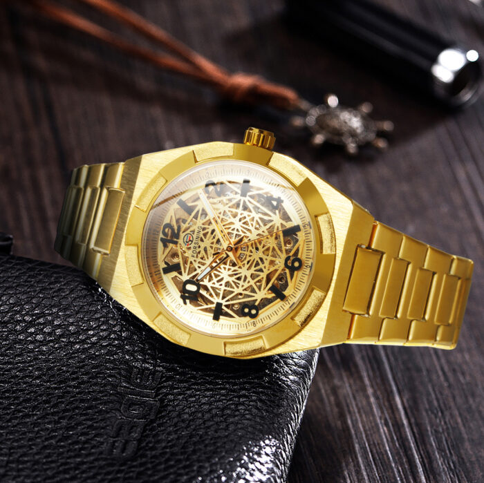 Herren Gold Skelett Automatikuhr Edelstahlarmband | Luxusmarke | Leuchtend – Bild 3