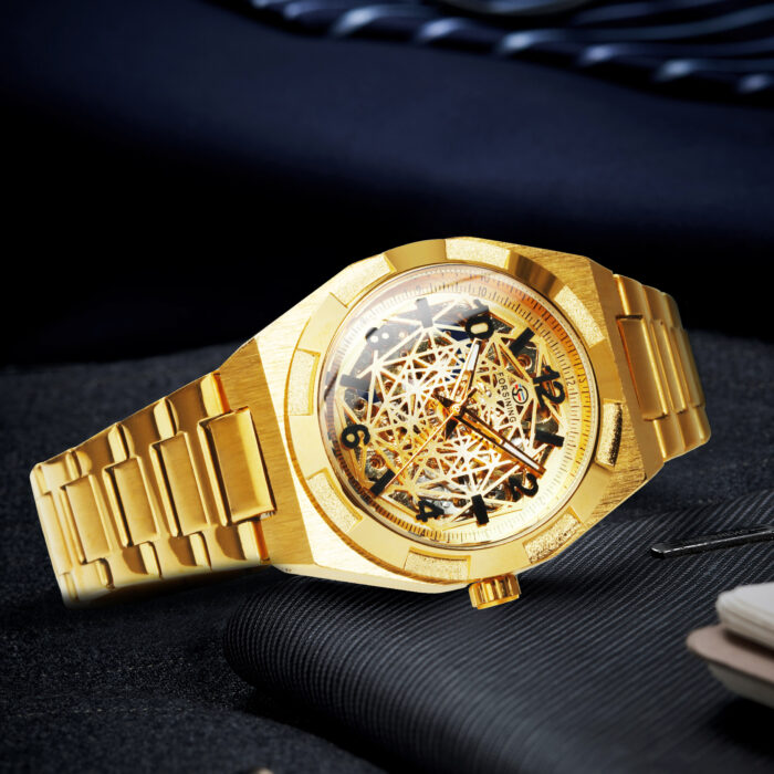 Herren Gold Skelett Automatikuhr Edelstahlarmband | Luxusmarke | Leuchtend – Bild 4