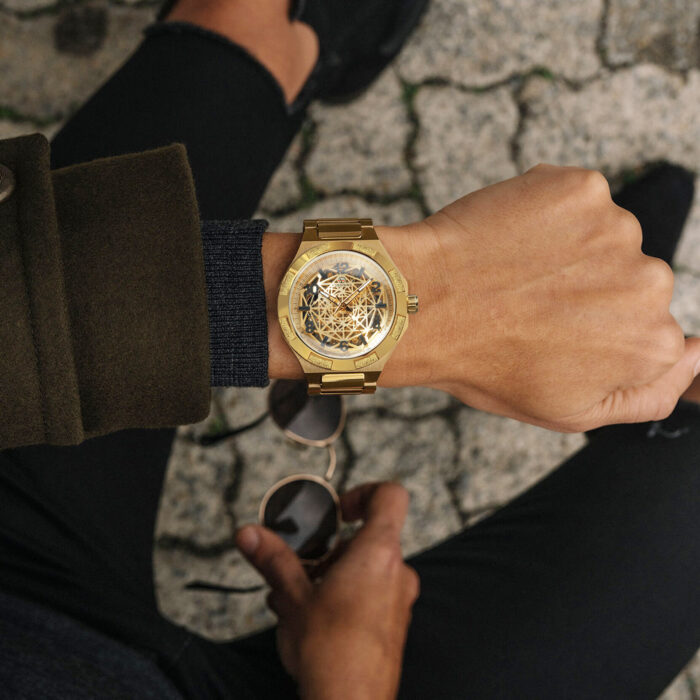 Herren Gold Skelett Automatikuhr Edelstahlarmband | Luxusmarke | Leuchtend – Bild 5