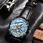 Herrenuhr Armbanduhr Automatik Leder Datum Leuchtend Skelett – Bild 5
