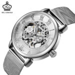 Skeleton Dial Mechanical Hand-wind Clock Stainless Steel Mesh Band Men's Wrist Watches