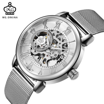 Skeleton Dial Mechanical Hand-wind Clock Stainless Steel Mesh Band Men's Wrist Watches
