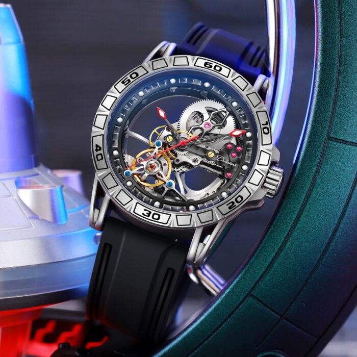 Herrenuhr Herrenmode Automatische mechanisches Armbanduhr Skelett-Design, wasserdichtes Gummiband, leuchtende Details – Bild 2