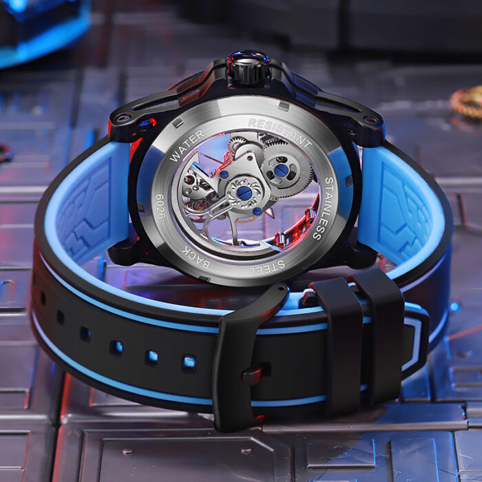 Herrenuhr Herrenmode Automatische mechanisches Armbanduhr Skelett-Design, wasserdichtes Gummiband, leuchtende Details – Bild 5