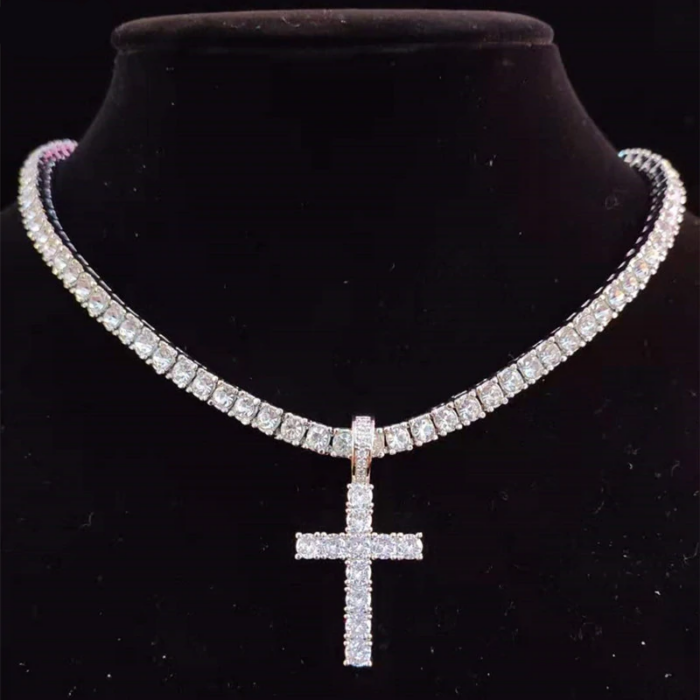 Men Women Hip Hop Cross Pendant Necklace with 4mm Zircon Tennis Chain Iced Necklaces HipHop Jewelry Fashion Gift – Bild 1