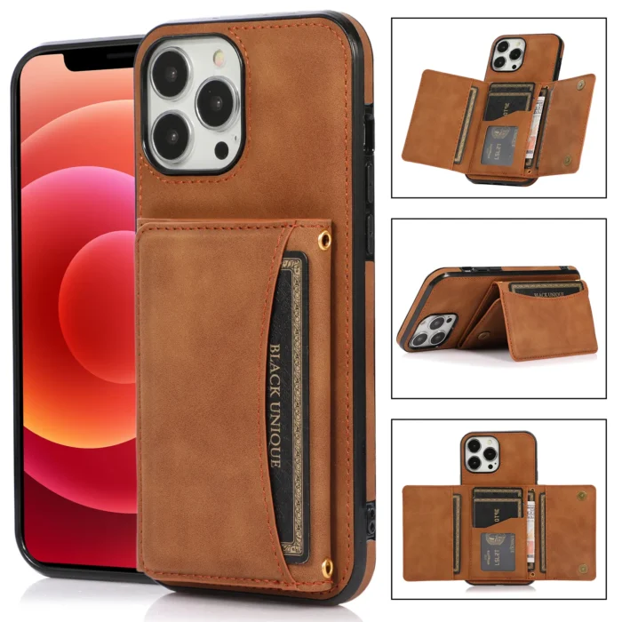 Brieftasche-Leder-Multi-Karten-Halter-Telefon-Fall-F-r-iPhone-14-13-12-Pro-Max-Mini-3.webp Stoßfeste Kunstleder Brieftasche für iPhone - Multi Kartenhalter & Standfunktion – Bild 4