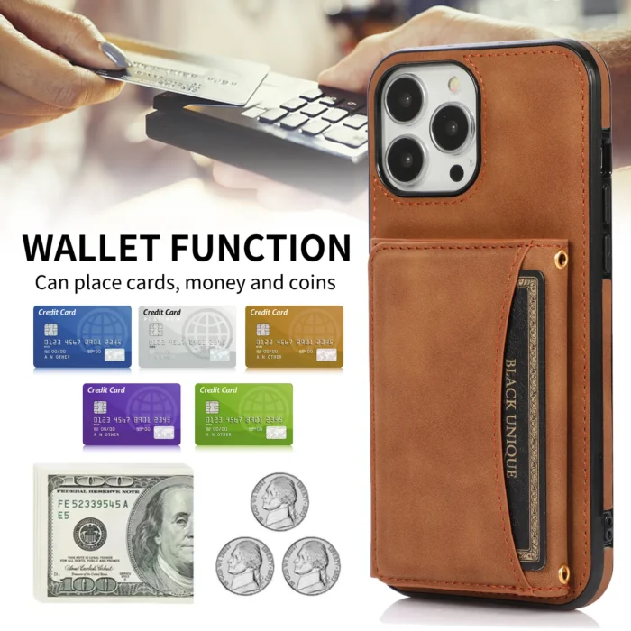 Brieftasche-Leder-Multi-Karten-Halter-Telefon-Fall-F-r-iPhone-14-13-12-Pro-Max-Mini-5.webp Stoßfeste Kunstleder Brieftasche für iPhone - Multi Kartenhalter & Standfunktion – Bild 6