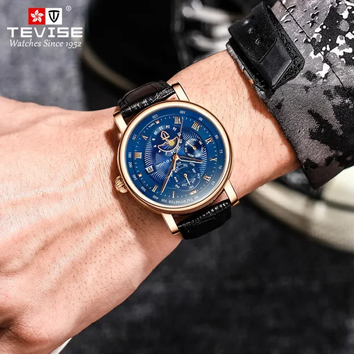 Herrenuhr Automatik Uhr Armbanduhr Leder Datum Woche Monat – Bild 3