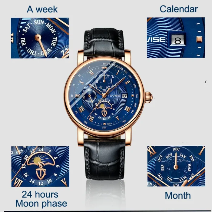 Herrenuhr Automatik Uhr Armbanduhr Leder Datum Woche Monat – Bild 4