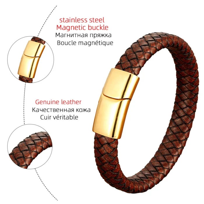 Fashion Men Jewelry Brown Braided Leather Rope Bracelet Charm Stainless Steel Magnetic Buckle Bracelets Punk Men Wrist Band Gift – Bild 5