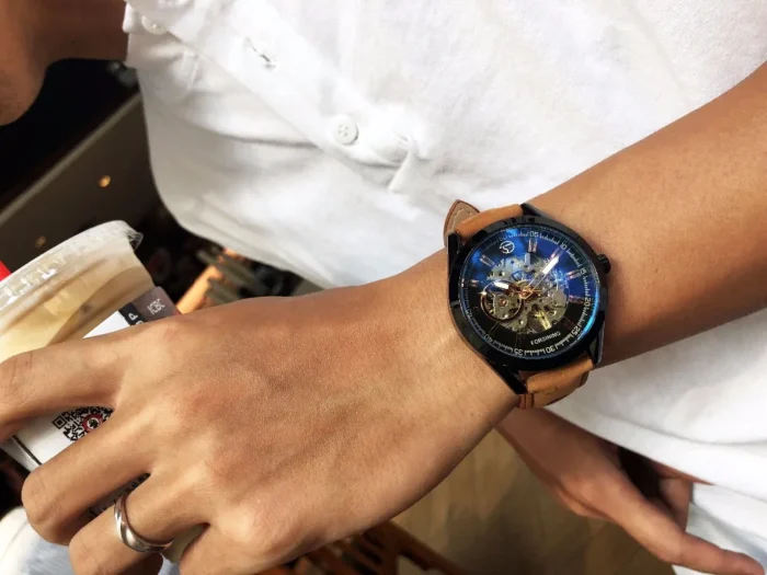 Automatik Uhr Edelstahl Armband Leder Sport Casual Männer Skeleton 42mm – Bild 8