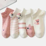 5 Pairs Women Cartoon Cat Patterns With Cute Sweet Trendy Versatile Fashionable Comfortable Lightweight Breathable Casual Socks