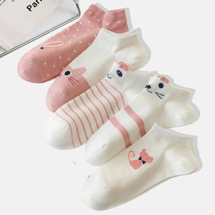 5 Pairs Women Cartoon Cat Patterns With Cute Sweet Trendy Versatile Fashionable Comfortable Lightweight Breathable Casual Socks – Bild 4