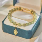 Double Layer Light Green Stone Gold Color Chain Bead Bracelelt For Women New Fashion Leaf Charm Strand Bracelet Daily Wear – Bild 3