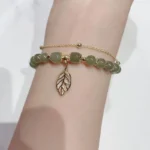 Double Layer Light Green Stone Gold Color Chain Bead Bracelelt For Women New Fashion Leaf Charm Strand Bracelet Daily Wear – Bild 4