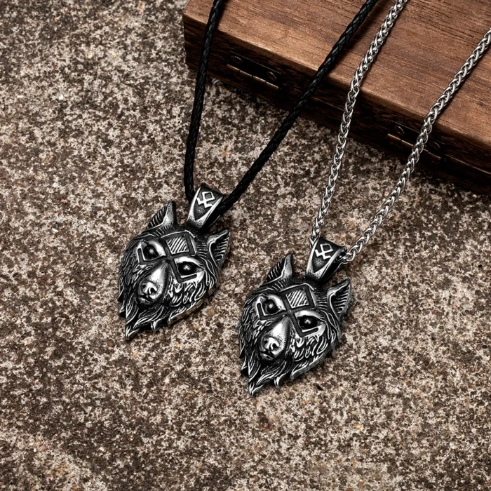 Punk Viking Wolf Halskette Männer Nordische Mythologie Odins Runen Geri & Freki Valknut Amulett Edelstahl Anhänger Retro Schmuck Geschenke – Bild 3