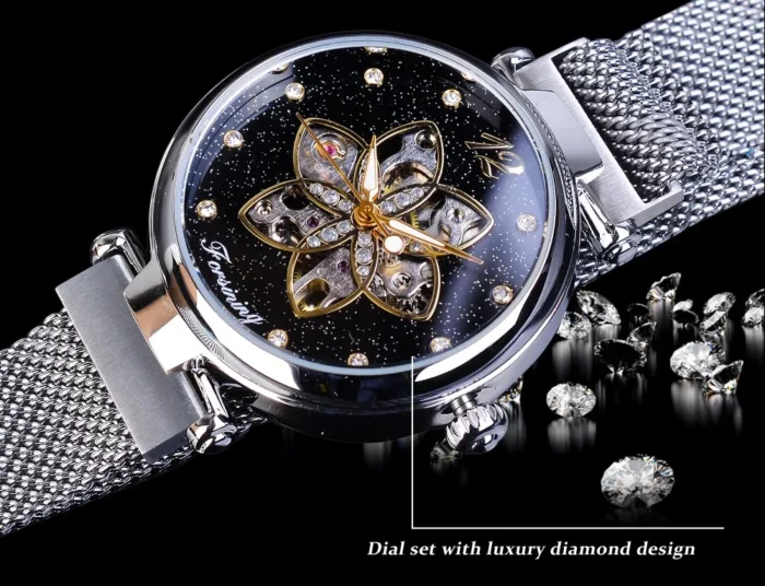 Automatik Uhr Edelstahl Damen Wasserdicht Elegant Mesh Design 34 mm – Bild 9