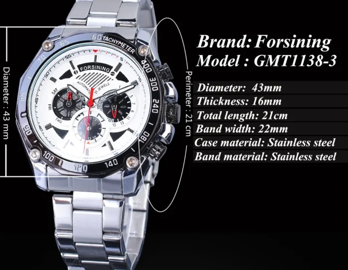 Mechanische Uhr Automatik Edelstahl Silber Sport Herren Uhr mit Kalender – Bild 8