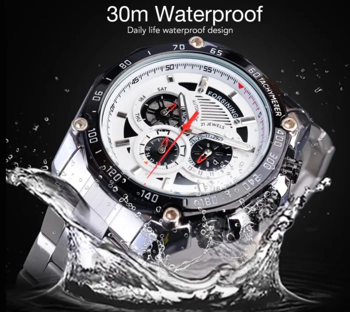 Mechanische Uhr Automatik Edelstahl Silber Sport Herren Uhr mit Kalender – Bild 9