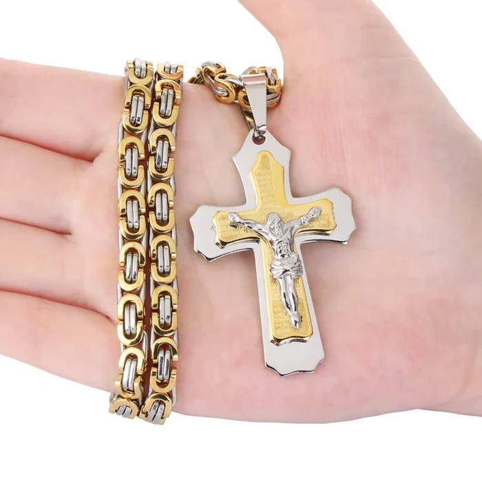 Halskette Herren Edelstahl Byzantinisch 6mm Jesus Kreuz Anhänger 55-70cm – Bild 8