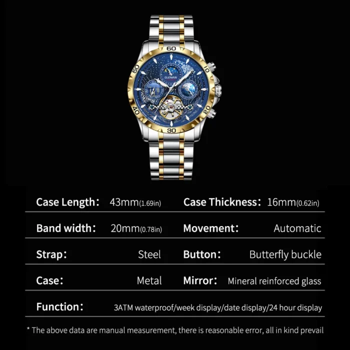 Herrenuhr für Herren Automatik 43 mm Metallband Wochentag Datum 30m wasserdicht – Bild 6