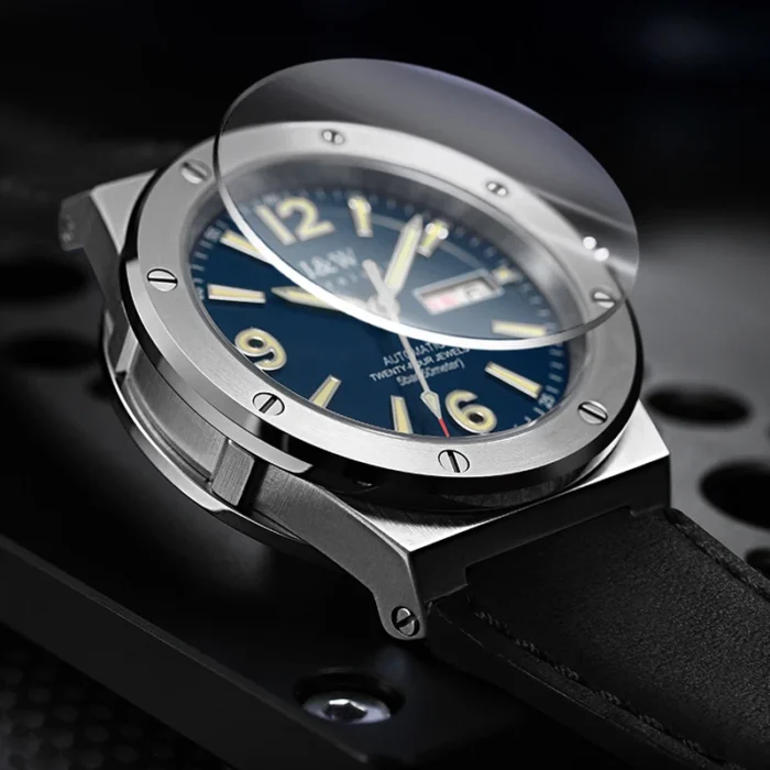 Automatische Herrenuhr für Herren Edelstahl Kunstlederband Datumsanzeige Leuchtindizes 50m – Bild 4