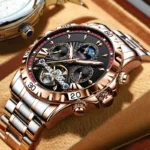 Herren Automatik Uhr für Herren Edelstahl Schwarz Mineralglas Mondphase Datum Kalenderwoche – Bild 4